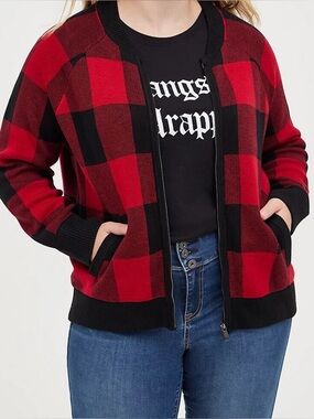 Torrid Buffalo Plaid Grunge Lumberjack Zip Bomber Sweater Jacket Plus 1X NWT D53